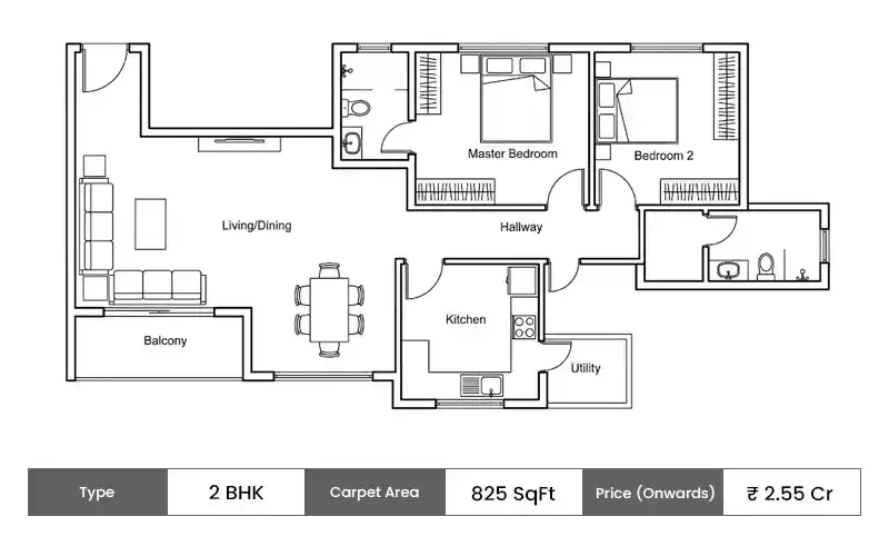 TPV The Royal Bay 2 BHK floor plan, 825 sq ft carpet area