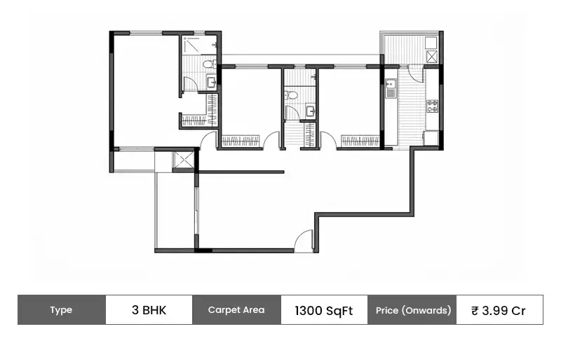 TPV The Royal Bay 3 BHK floor plan, 1300 sq ft carpet area